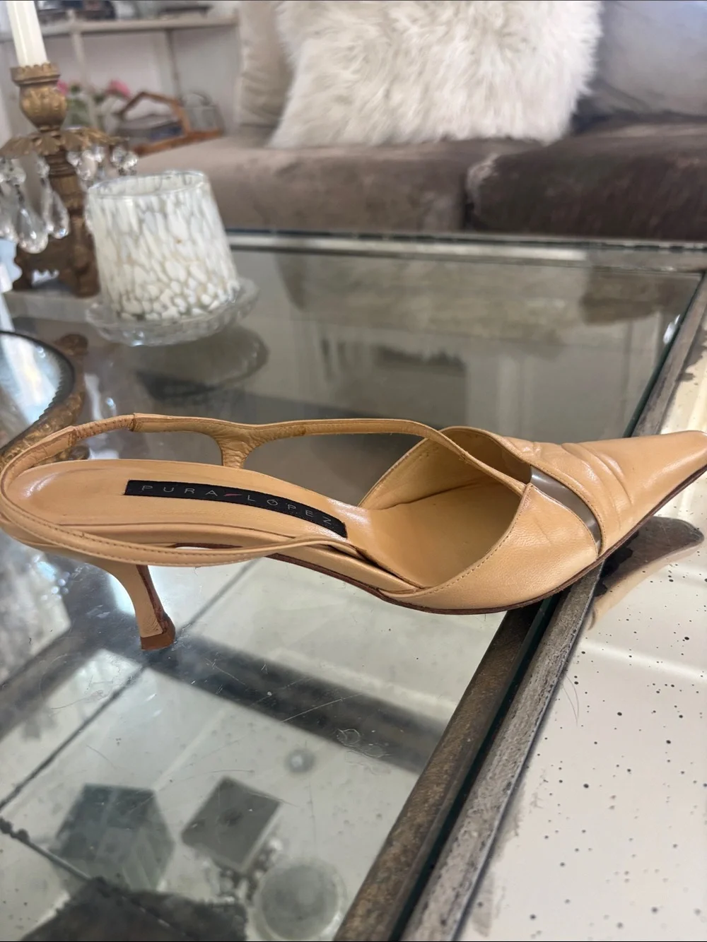 Pura Lopez Beige Pointed-Toe Slingback Heels Made In Spain